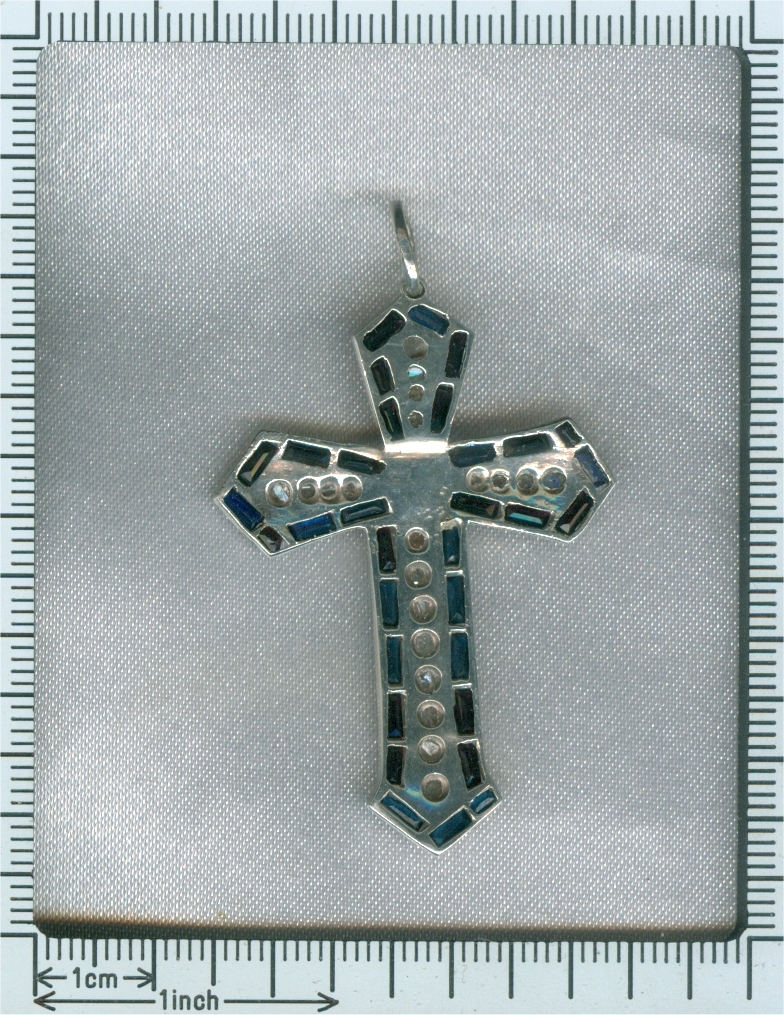 Silver Art Deco cross pendant with diamonds sapphires and pearl